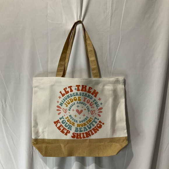 Let Them Canvas Tote Bag Large Capacity 15 X 18 X 5 Natural Linen Tan Bottom - Picture 2 of 7